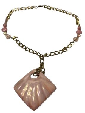 Handmade Necklace Pink Ceramic Shell Pendant on Gold Tone Chain.